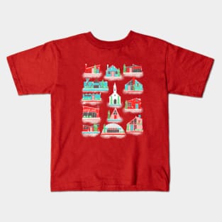 Red, Turquoise and Pink Putz village with snow Kids T-Shirt